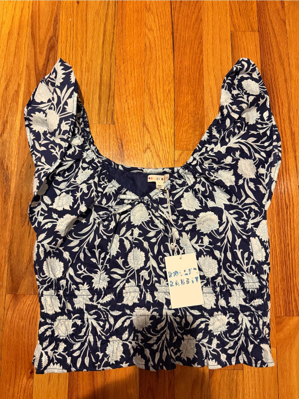 Roller Rabbit Navy and White Floral Peplum Top